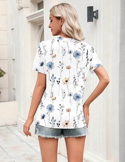 White Floral Short Sleeve V-Neck Blouse image 5
